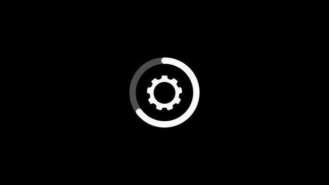 Animated gear icon and loading ring with circular settings progress indicator on black background. Gear icon surrounded for system configuration, software setup and processing status concept