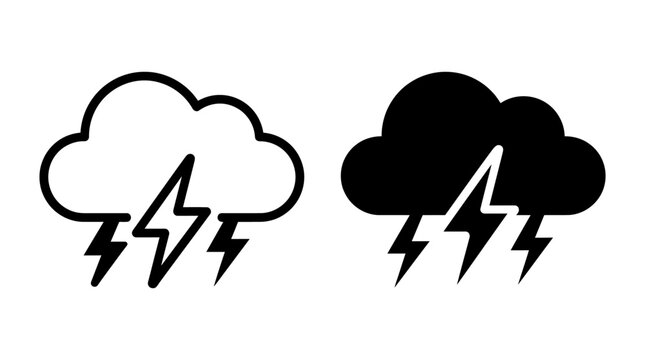 Set of simple outline and solid black thunderstorm cloud icons for weather forecast.