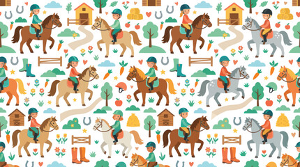 Fototapeta premium Equestrian Horse Riding Children Seamless Pattern. Flat Cartoon Illustration of Kids on Ponies and Farm Elements