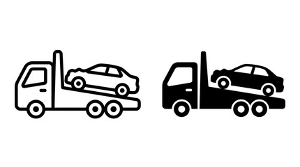 Fototapeta premium Set of tow truck icons with a car loaded on the flatbed.