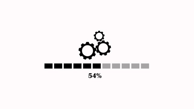 Settings progress indicator with rotating gear icon animation on white background. Loading bar animation with settings icon. Updating bar with gear icon animation indicating system operation process