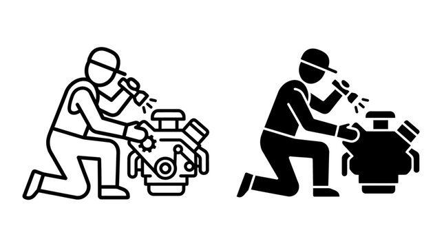 Mechanic inspecting a car engine with a flashlight icon set in outline and solid styles.