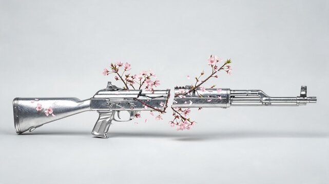 A conceptual image of a silver assault rifle cut in half with pink cherry blossom branches growing from the broken ends, symbolizing International Day of Peace.