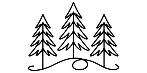 Simple black and white line art illustration of three pine trees standing in a row on a decorative curved ground line for winter holiday designs Vector, illustration