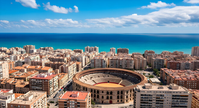 Sunny Alicante Spain Aerial Cityscape Bullring Mediterranean Ocean
