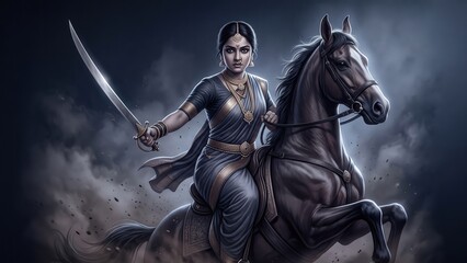 Fototapeta premium Rani Lakshmibai on Horseback – Legendary Indian Warrior Queen Illustration