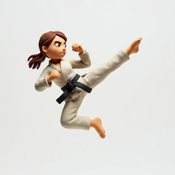 Cartoon girl performing karate kick in action figure style concept of plasticine  