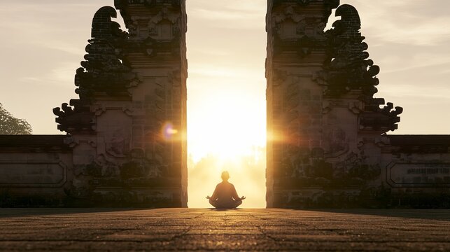 Person meditating in lotus pose between traditional stone gates at sunrise, finding inner peace and spiritual journey