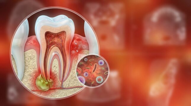 Cross section of a tooth with pulp nerves enamel and root canal showing bacteria and infection
