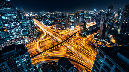 Obraz premium Aerial view of illuminated highway interchange at night, city skyline background