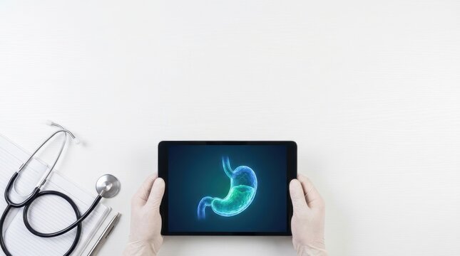Doctor examining human stomach anatomy on a digital tablet with stethoscope and notebook nearby
