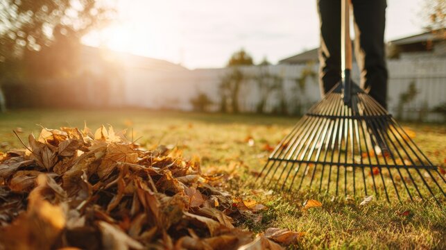 Person raking and gathering autumn leaves on a sunny backyard lawn, focusing on fall cleanup and seasonal chores