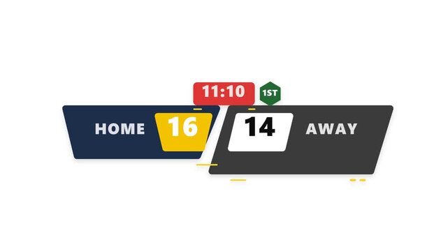 Minimalist Digital Sports Scoreboard Animation with Clear Sections for Team Names, Running Time and Score Display, Suitable for Live Matches, Tournaments and Sports Broadcasting Content