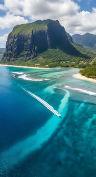 Aerial View of a Tropical Boat Sailing Near Le Morne Brabant Mountain