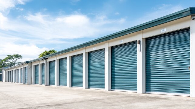 Row of self storage unit doors on a building facade with green roll up doors and a concrete floor