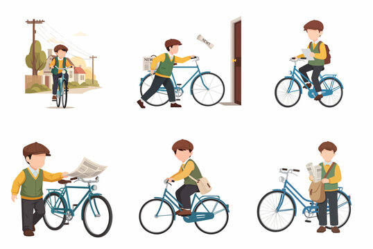 Vintage Newspaper Delivery Boy Character Set, Paperboy on Bicycle Delivering News Illustration