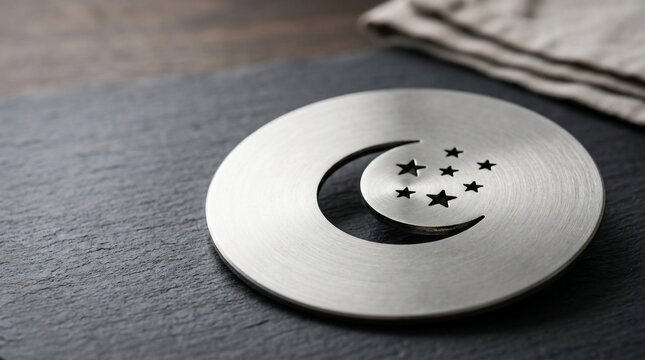 Silver crescent moon and star design on slate surface