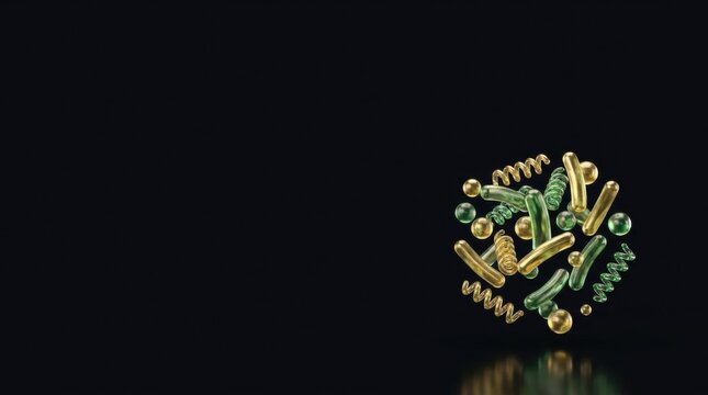 A collection of 3D rendered cylindrical and spherical objects in green and gold arranged in a circular pattern
