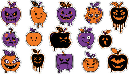 Fototapeta premium Set of spooky halloween apple illustrations featuring creepy faces and melting designs for festive seasonal decorations