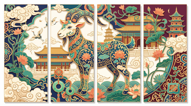 Chinese zodiac goat illustration. Lunar new year design with ornate palace decorations.