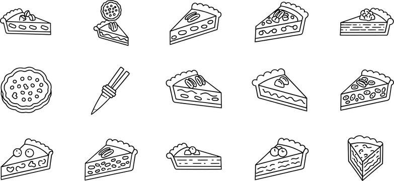 Pie and cake slice icons set, dessert illustration, sweet food outline artwork, bakery design elements, culinary graphic collection