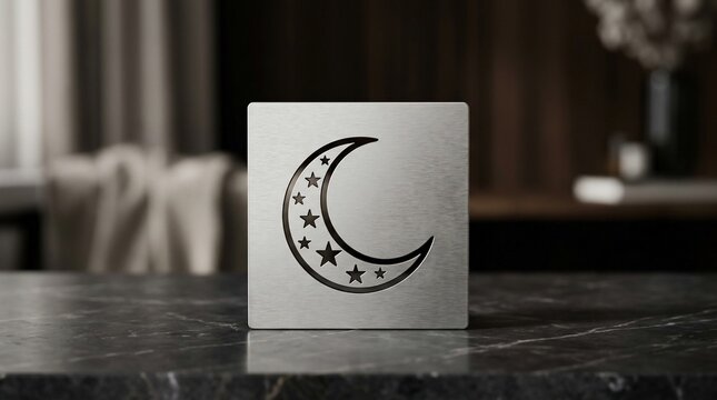 Stylized crescent moon and stars emblem on cuboid object