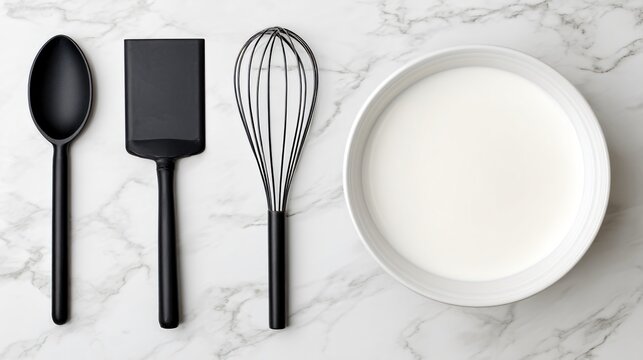 crepe-making tools layout spreader, spatula, mixing bowl, whisk, artistic culinary flat lay, minimalist kitchen background