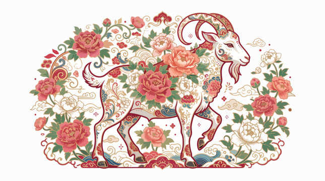 Chinese zodiac goat with peony flowers. Lunar new year illustration with floral art.