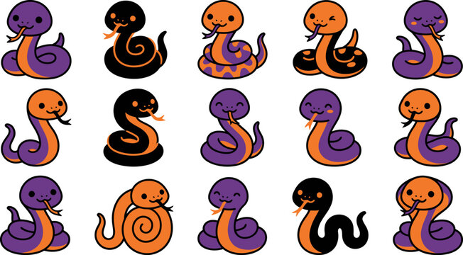A collection of cute cartoon snakes featuring festive halloween colors like orange purple and black patterns