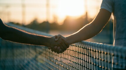 Fototapeta premium Tennis players shaking hands across net, fostering sportsmanship and connection after an outdoor match at sunset