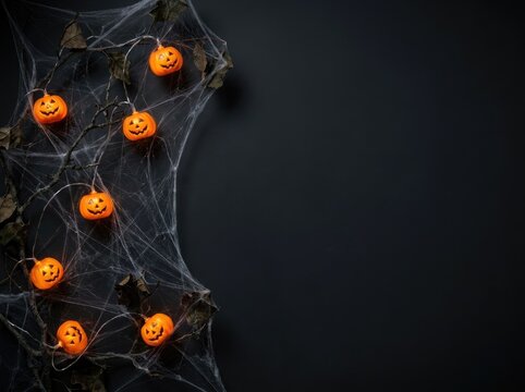 Top view of glowing orange pumpkin string lights tangled in a black spider web on a dark background for halloween celebration