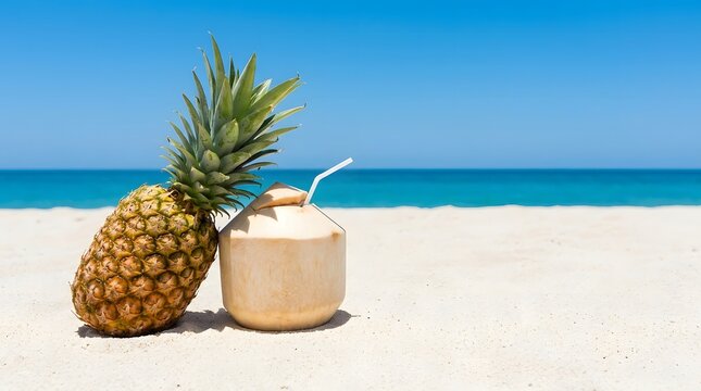 Fresh pineapple and raw coconut fruit standing on pristine white sand beach with clear blue ocean water in background during summer sunny day tropical vacation travel concept.