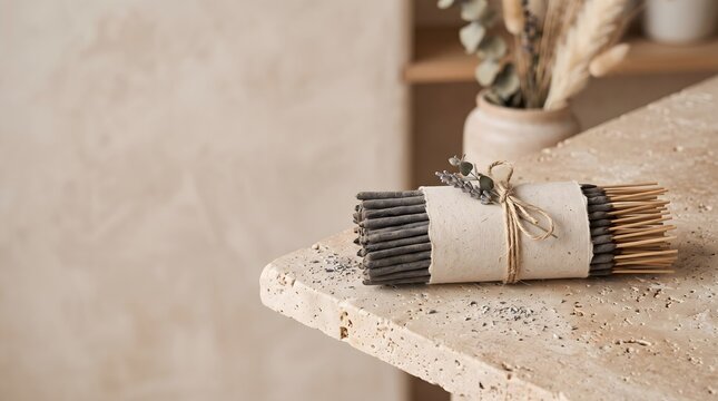 Incense stick bundle packaging mockup wrapped in a blank paper band and twine, displayed on a travertine stone surface.
