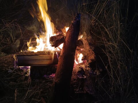 Brightly burning campfire with wooden logs at night. Outdoor bonfire with flames and smoke