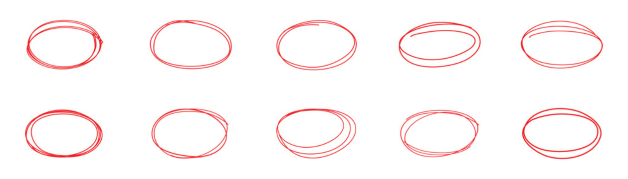 Hand-drawn crayon ovals and circles set. Chalk pencil ovals of different widths. Doodle marks circle and oval stroke. Outline red drawing line clipart symbol.