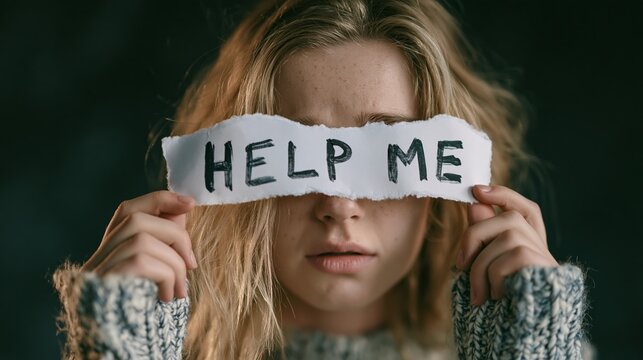 Young woman asking for help, covering eyes with paper sign showing HELP ME, feeling distress and vulnerability