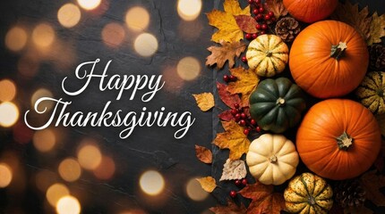 Fototapeta premium Happy thanksgiving greeting card with pumpkins and autumn leaves featuring a festive halloween style bokeh background for seasonal holiday celebration designs
