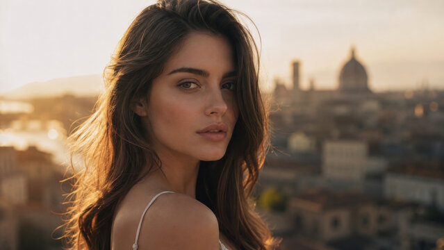 Elegant woman posing against a sunset backdrop with historic buildings and domes of Florence Italy with focus on portrait.