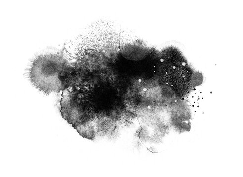 Abstract ink background, grunge art. Black paint stroke texture on white paper in marble style. Wallpaper for web design and packaging. Hand drawn watercolor isolated illustration