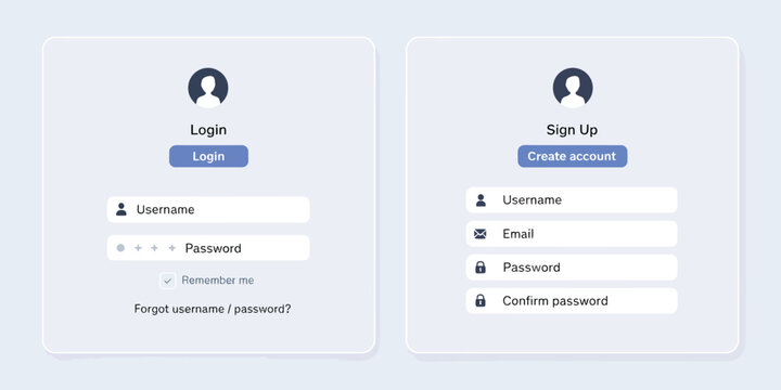 Registration and login form UI template with user authentication website interface vector design