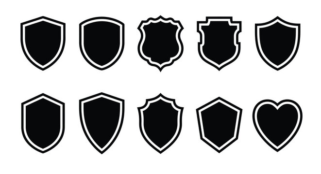 Shield And Heart shaped Silhouettes Black Vector Graphics On White Background