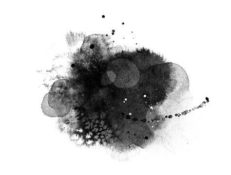 Abstract ink background, grunge art. Black paint stroke texture on white paper in marble style. Wallpaper for web design and packaging. Hand drawn watercolor isolated illustration