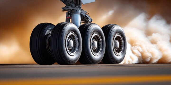 Close-up of airplane landing gear wheels kicking up dust during takeoff or landing