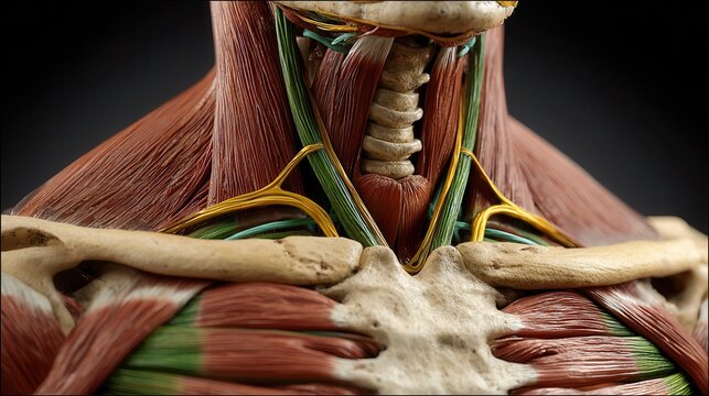 Detailed anatomical model of human neck muscles and vertebrae