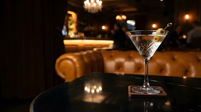 Classic Dry Martini Cocktail With Olives In Elegant Luxury Lounge Bar Atmosphere Nightlife