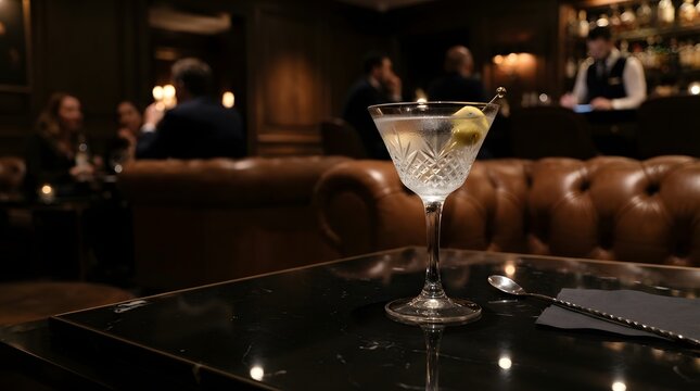 Classic Dry Martini Cocktail With Olives In Elegant Luxury Lounge Bar Atmosphere Nightlife