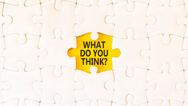 What do you think words symbol. Concept words What do you think on beautiful yellow paper. Beautiful white puzzles background. Business What do you think motivational support concept. Copy space.