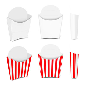 Blank paper french fry box. Half turned, front, side view. White, striped. Realistic vector mock-up set. French fries, food snack holder cardboard container. 3d mockup. Template for design