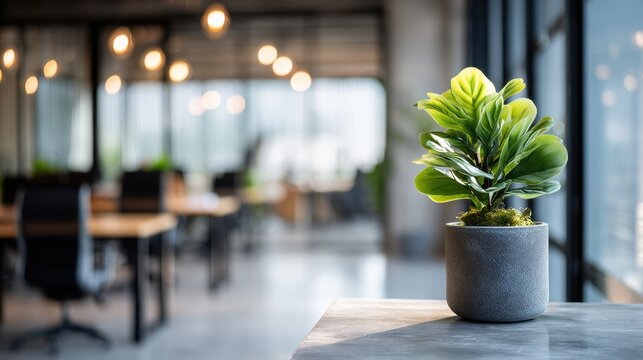 Small potted plant on office desk with blurred interior background. Corporate wellness and workspace decor.