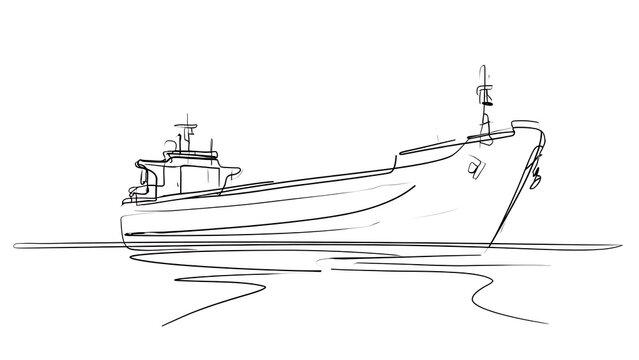 Minimalist line art ship drawing white background.